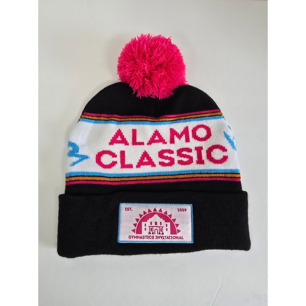 Alamo Classic Gymnastics Invitational Beanie Hat Pink Pom Black Knit Cuffed